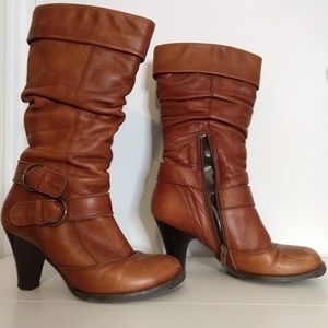 Brown Leather Heel Calf Boots with Lower Zipper
